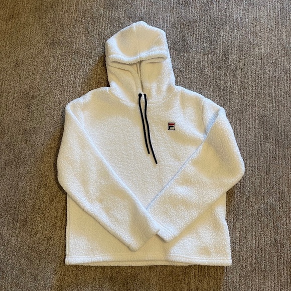 Fila Sherpa‎ Hoodie White with navy drawstring at neckline - Picture 1 of 6